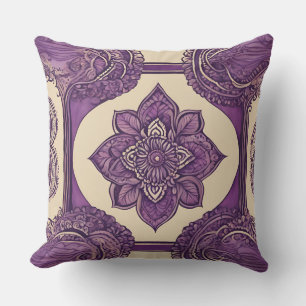 Purple mandala and floral patterns AI art Throw Pillow