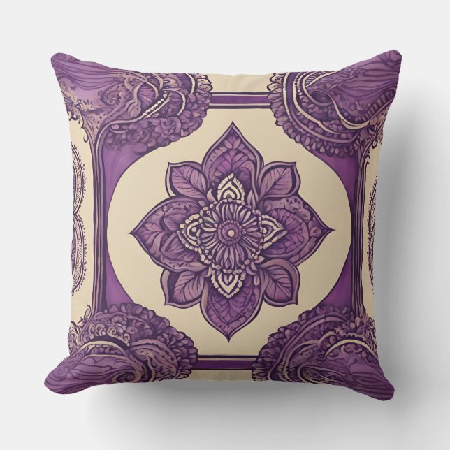 Purple mandala and floral patterns AI art  Throw Pillow (Front)