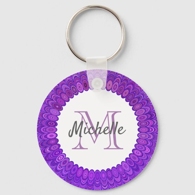 Purple Mandala Bird Feathers Monogram Keychain (Front)