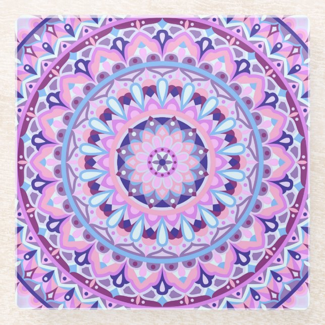 Purple Mandala Boho Table Decor Geometric Pattern Glass Coaster (Front)