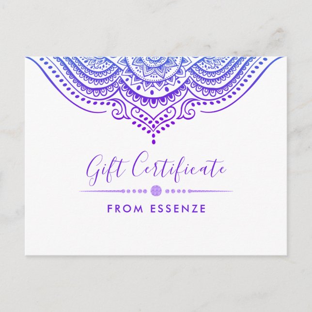 Purple Mandala Gift Certificate Design Postcard (Front)