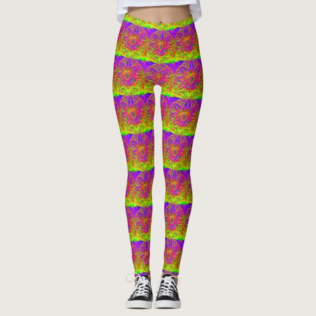 purple mandala pattern yellow striped leggings (Front)