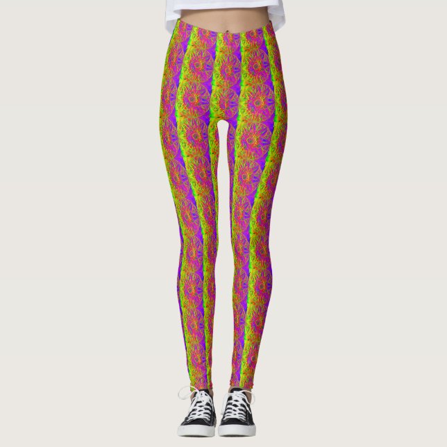 purple mandala pattern yellow vertical striped leggings (Front)