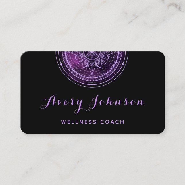 Purple Mandala Wellness Coach Modern Social Media Business Card (Front)