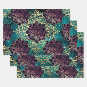 Purple Mandala's and Butterflies on Teal Night Sky Wrapping Paper Sheet