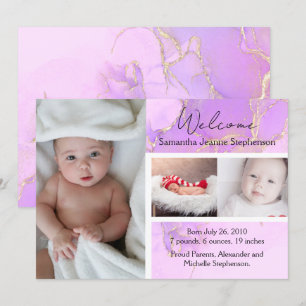 Purple Marble 3 Photo Girl Baby Birth Announcement