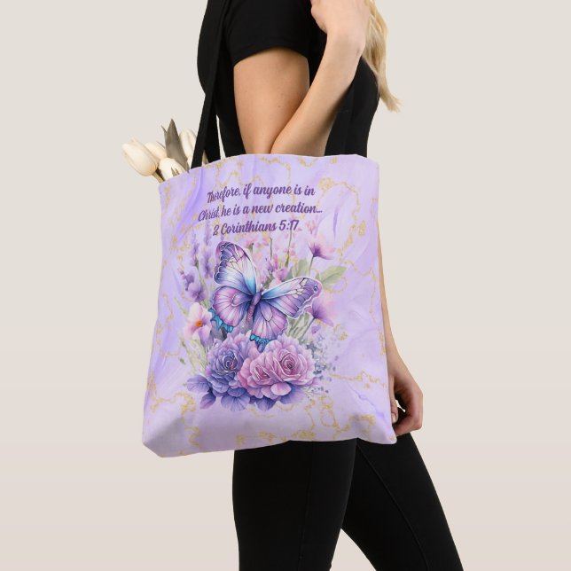 Purple Marble Bible Verse And Butterfly Tote Bag (Close Up)