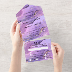 Purple Marble Gold Agate Wedding All in One All In One Invitation
