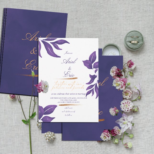 Purple Marble & Gold Eucalyptus Elegant Wedding  Invitation (Creator Uploaded)