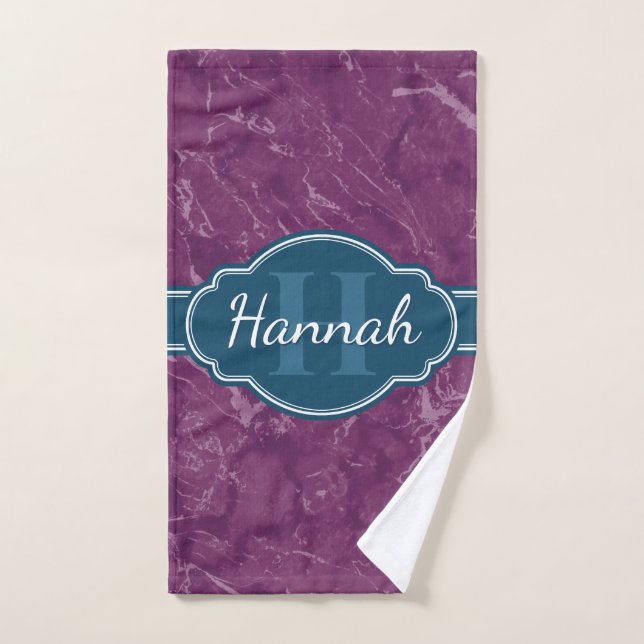 Purple Marble Pattern Teal Monogram Hand Towel (Hand Towel)