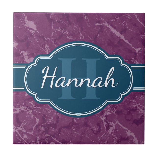 Purple Marble Pattern Teal Monogram Tile (Front)