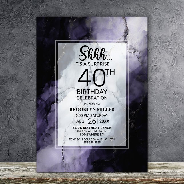 Purple Marble Surprise 40th Birthday Party Invitation (Creator Uploaded)