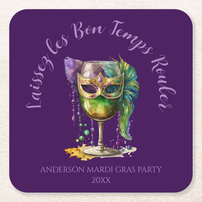 Purple Mardi Gras Mask  Square Paper Coaster (Front)