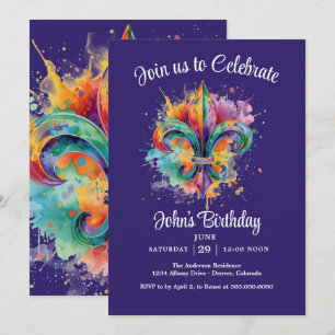 Purple Mardi Gras Mens Birthday Party Invitation