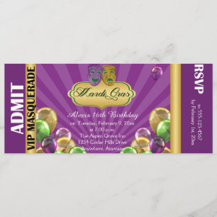 Purple Mardi Gras Party Ticket Invitation