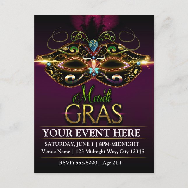 Purple MARDI GRAS Promotional Party Postcard (Front)
