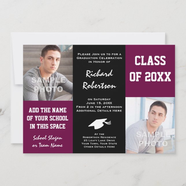 Purple Maroon and Black Custom Athlete Graduation Invitation (Front)