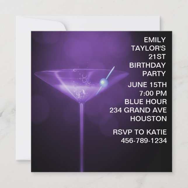 Purple Martini Womans Purple 21st Birthday Party Invitation (Front)