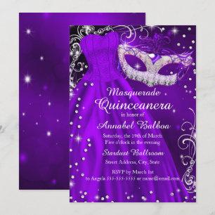Purple Mask & Dress Masquerade Quinceanera Invite