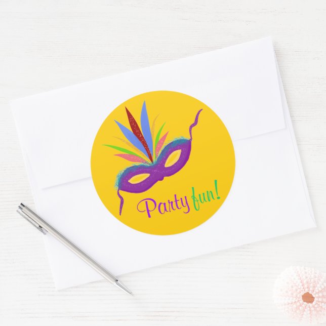 Purple Mask Feathers Mardi Gras Party Fun Orange Classic Round Sticker (Envelope)