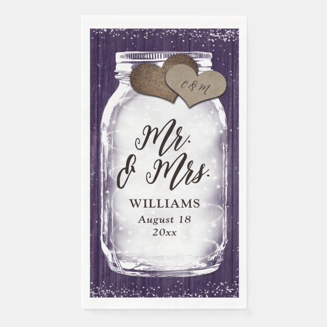 Purple Mason Jar Barn Wood Mr. & Mrs. Wedding Napkin (Front)
