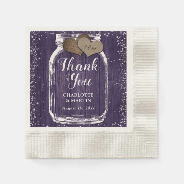 Purple Mason Jar Rustic Wood Thank You Wedding Napkin (Front)