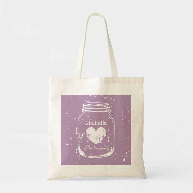 Purple mason jar wedding tote bag for bridesmaids (Front)