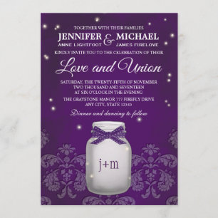 Purple Mason Jar with Fireflies Wedding Invitation