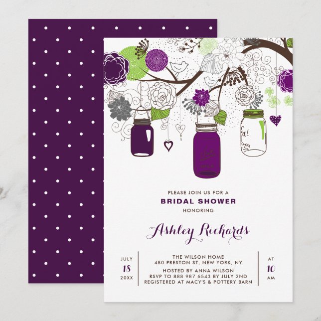 Purple Mason Jars Floral Bridal Douche Invitation (Devant / Derrière)