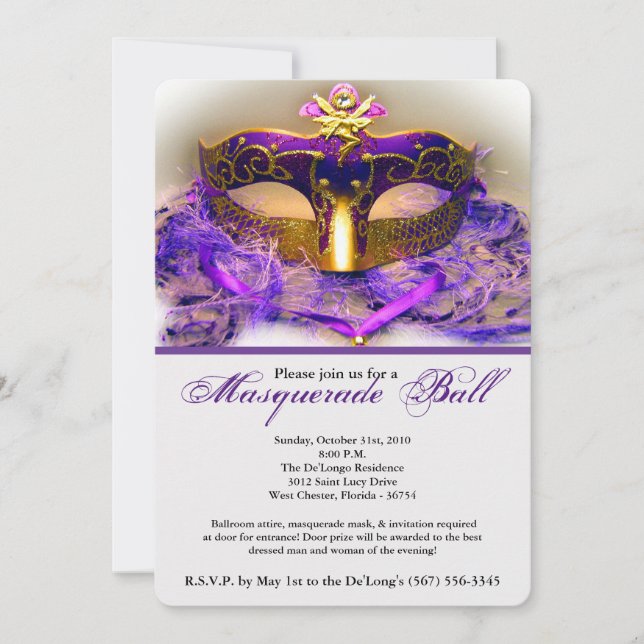 Purple Masquerade Ball Mask Costume Halloween Part Invitation (Front)