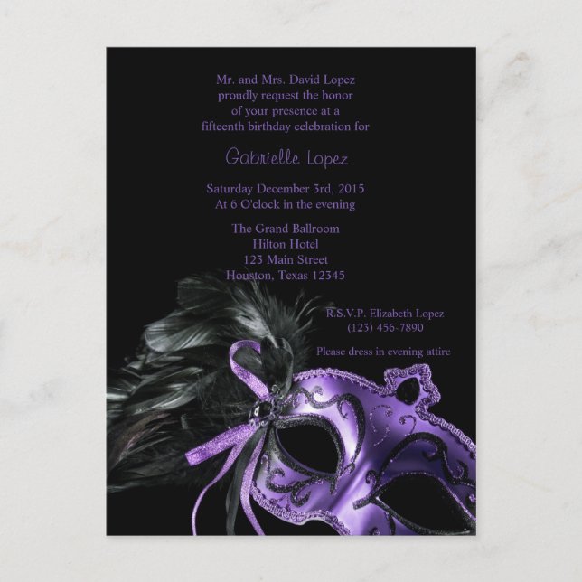 Purple Masquerade Ball Quinceanera 15th Birthday Postcard (Front)