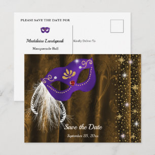 Purple Masquerade Bronze Gold Damask Save the Date Postcard