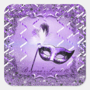 Purple Masquerade Mask Elegant Ball Party Square Sticker
