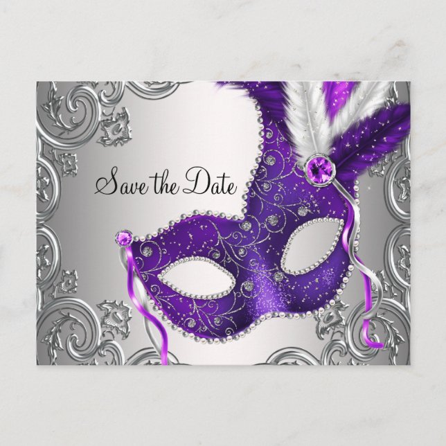 Purple Masquerade Save The Date Announcement Postcard (Front)