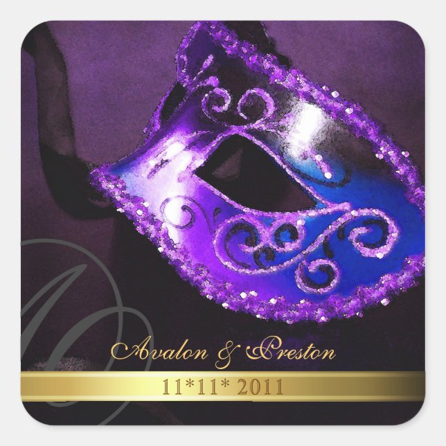 Purple Masquerade Swirl Save The Date Sticker (Front)