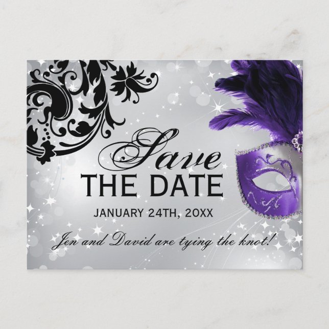 Purple Masquerade Wedding Save the Date Announcement Postcard (Front)