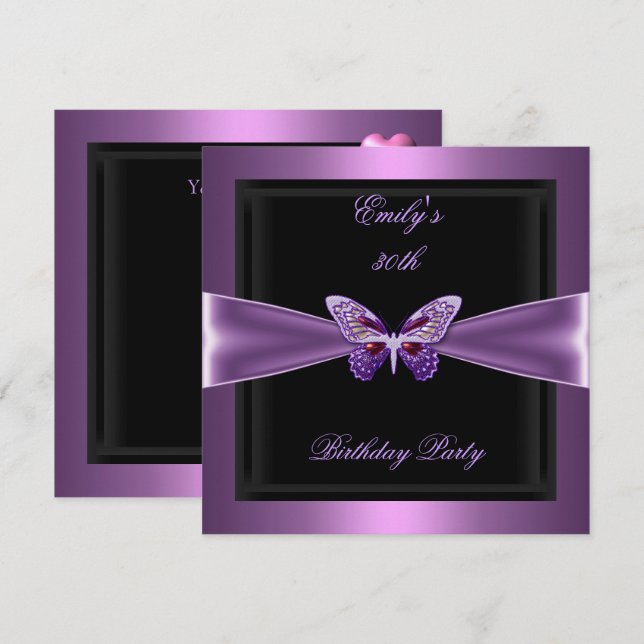 Purple Mauve Black Butterfly 30th Birthday Party Invitation (Front/Back)