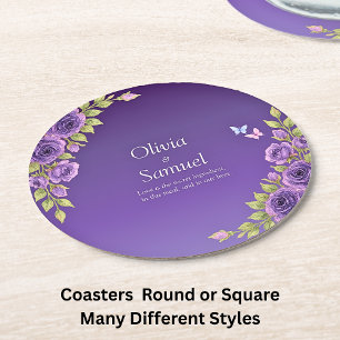 Purple Mauve Flowers & White Wedding Round Paper Coaster