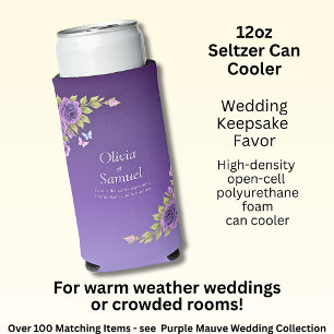 Purple Mauve Flowers & White Wedding Seltzer Can Cooler