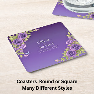 Purple Mauve Flowers & White Wedding Square Paper Coaster