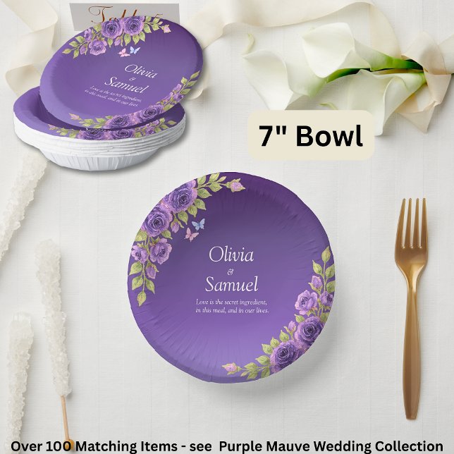 Purple Mauve Flowers & White Wedding Suite  7" Paper Plate (Creator Uploaded)
