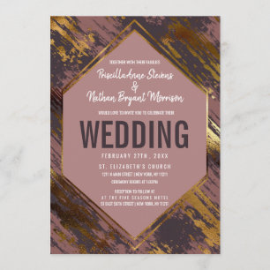Purple Mauve Gold Brushstrokes Modern Wedding Invitation