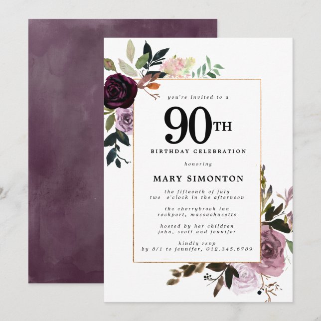 Purple Mauve Pink Floral 90th Birthday Invitation (Front/Back)