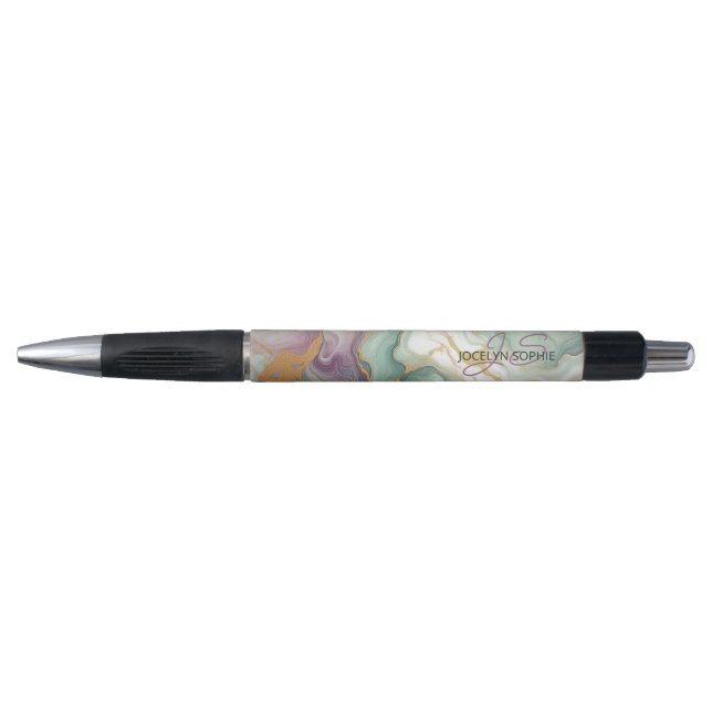 Purple Mauve Pink Green Gold Marble Art Pattern Pen (Front)