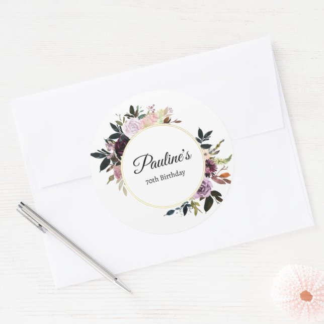 Purple Mauve Rose Floral 70th Birthday Party Classic Round Sticker (Envelope)