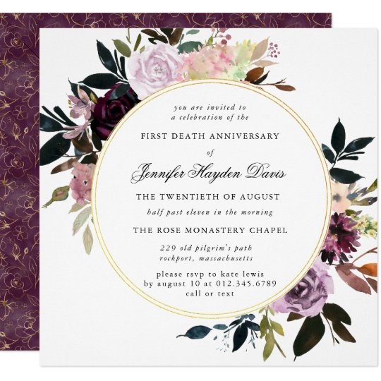Purple Mauve Rose Floral First Death Anniversary Invitation Zazzle.ca