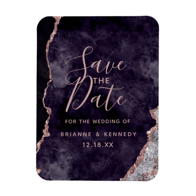 Purple Mauve Rose Gold Agate Marble Save the Date Magnet (Vertical)