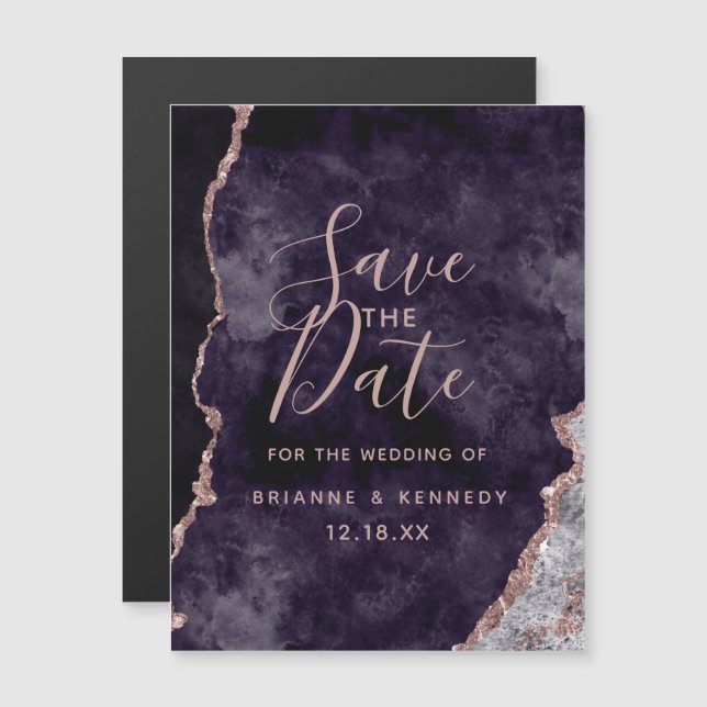 Purple Mauve Rose Gold Agate Marble Save the Date Magnetic Invitation (Front/Back)