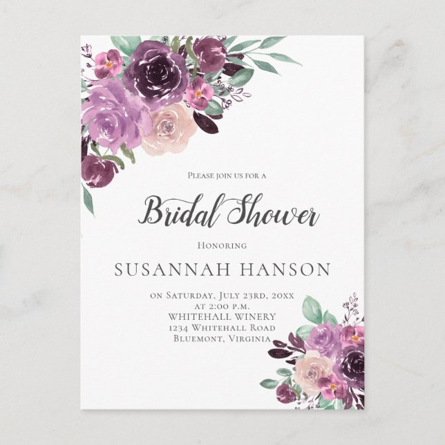 Purple Mauve Sangria Floral Bridal Shower Postcard (Front)