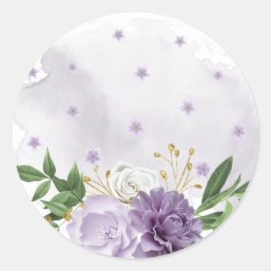 purple mauve white floral greenery classic round sticker